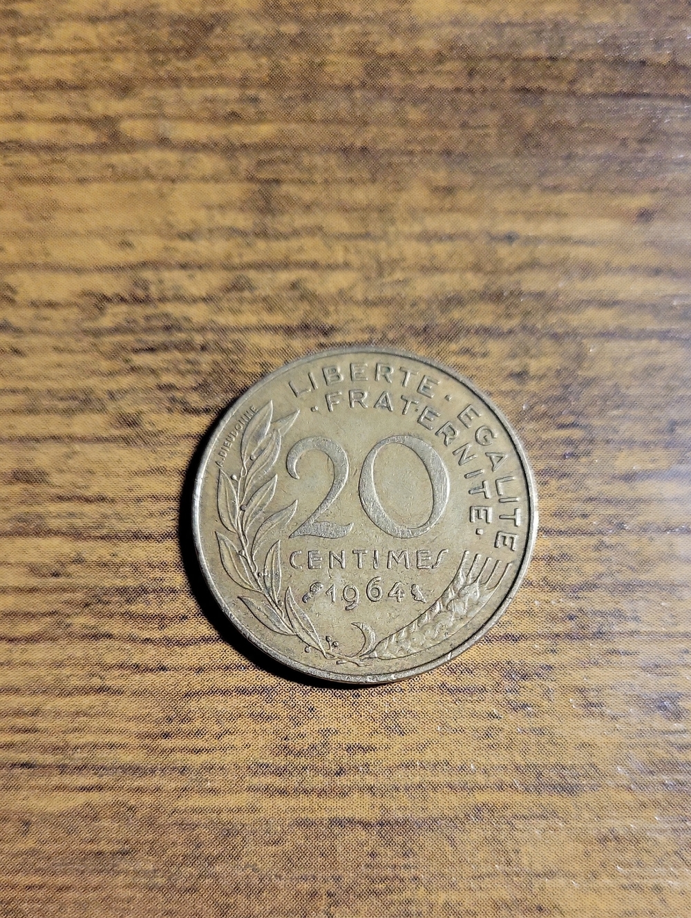 Vintage 1964 French 20 Centimes Coin - Gold Finish